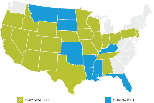 Map showcasing states in which the new online quoting experience is available. 
