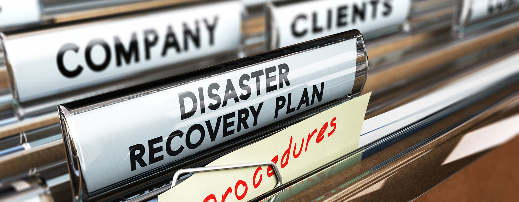 hanging files with label that says Disaster Recovery Plan