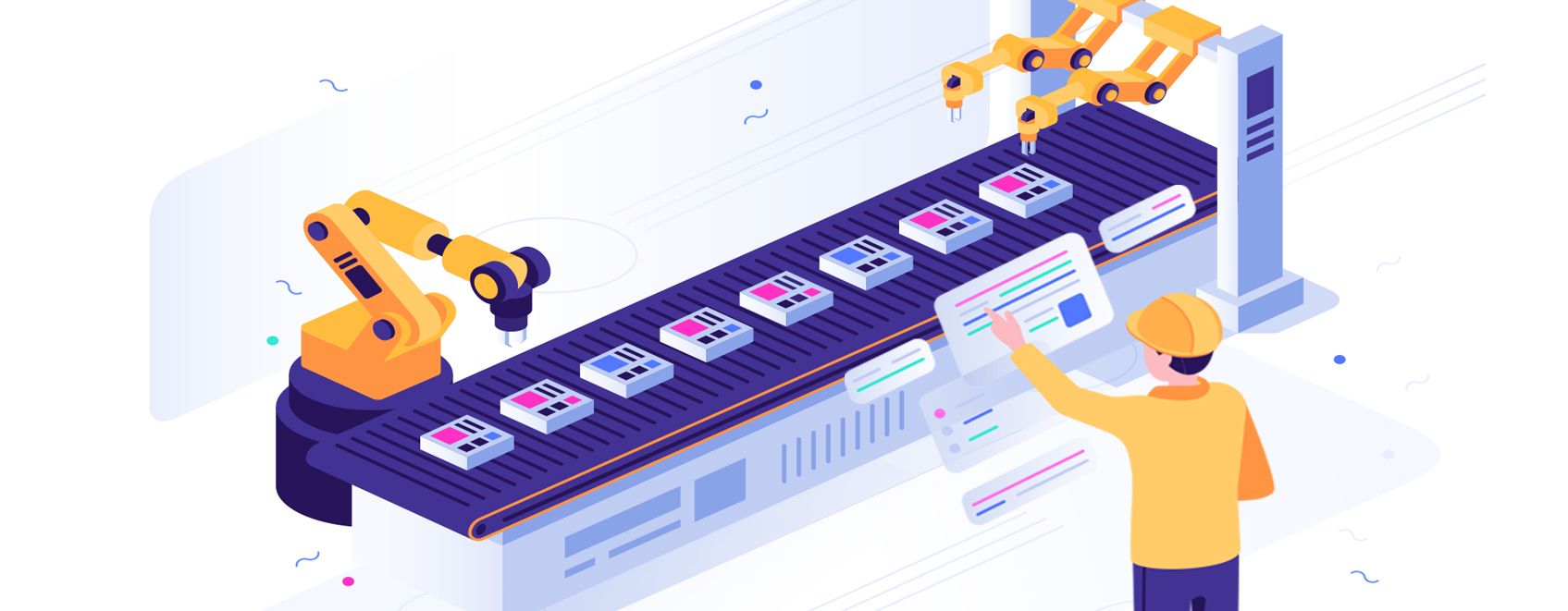 illustration of automated AI production assembly line