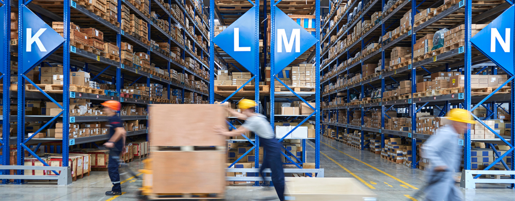 Goods being transported through a warehouse.