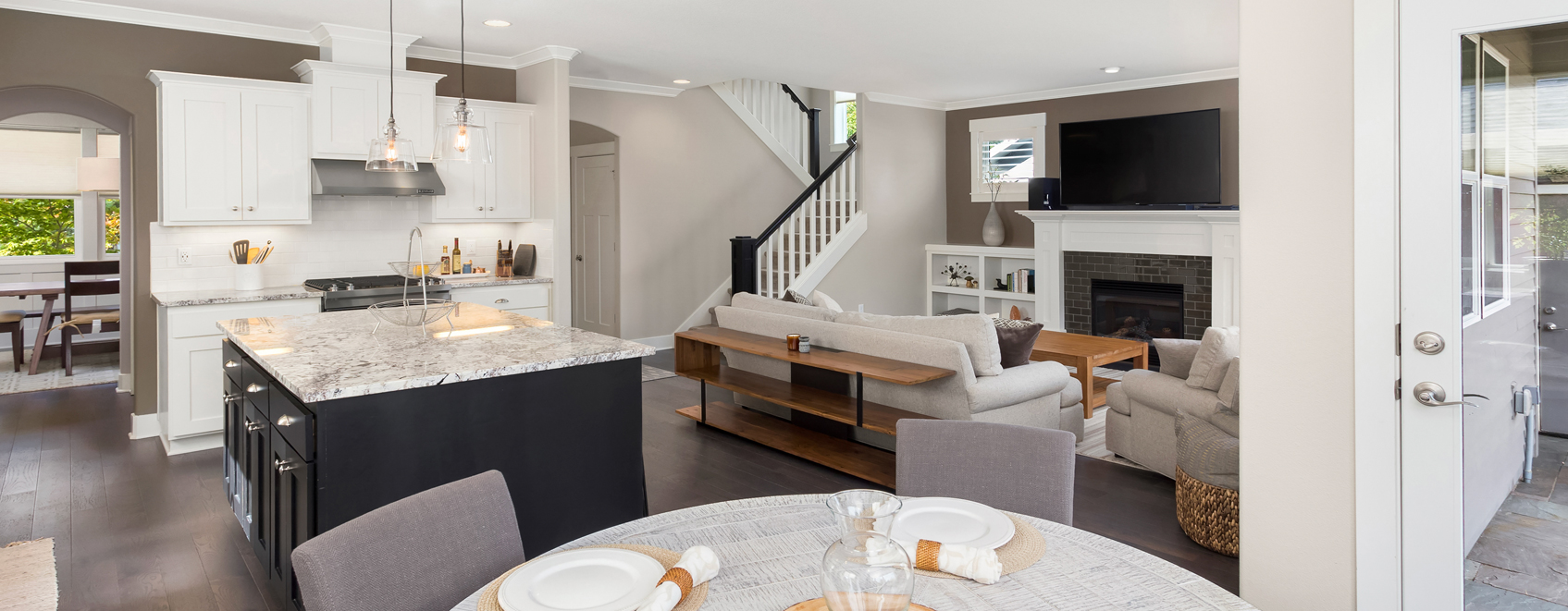 Bright, open kitchen and living room. 